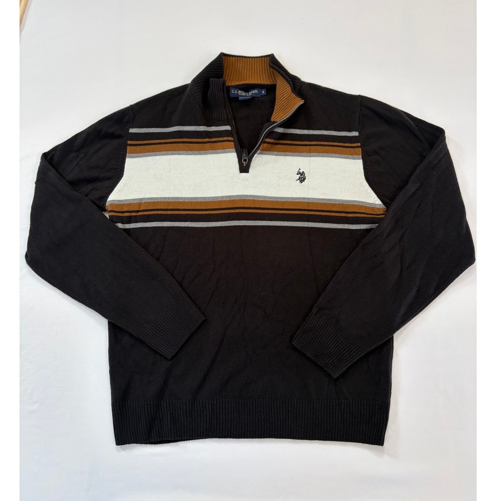 US Polo Assn Mens Quarter Zip Striped Sweater Black Brown White Size Small